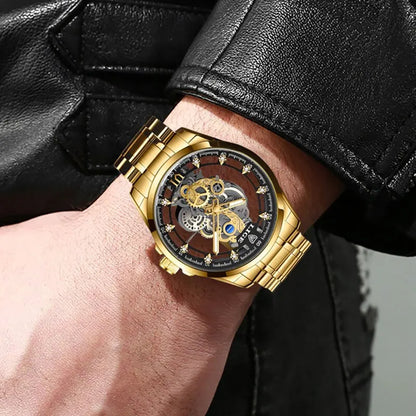 LIGE Men's Skeleton Quartz Watch – Luxury Retro Gold Wristwatch, Stainless Steel, Waterproof, Casual/Formal