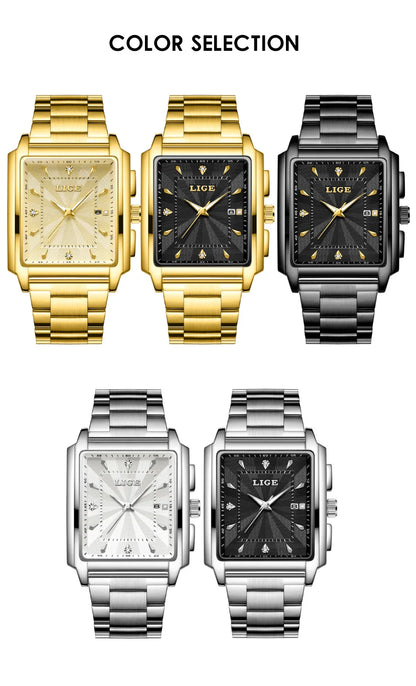 LIGE Men’s Luxury Square Sport Watch – Waterproof Business Military Quartz Chronograph
