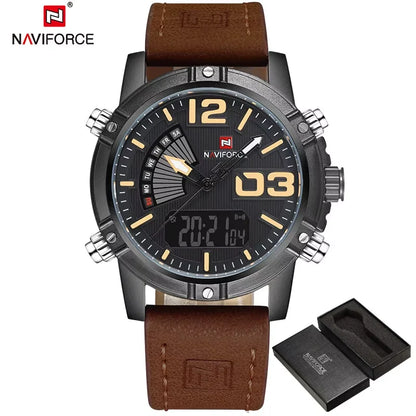 NAVIFORCE Luxury Brand Men's Sport Watches Men Dual Display LED Digital Waterproof Leather Strap Quartz Military Watch Man Clock