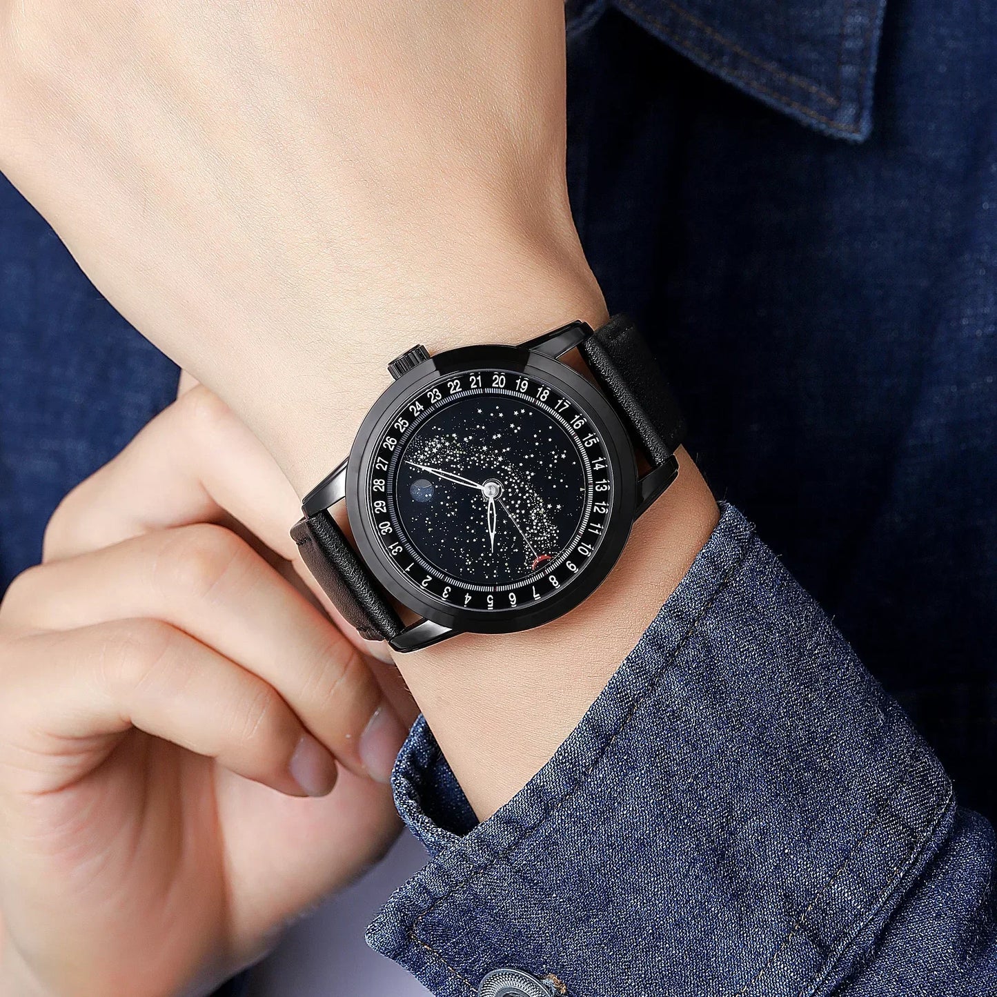 SKMEI 2116 Men’s Casual Wristwatch – Genuine Leather Strap, Date Display & Starry Sky Moon Phase