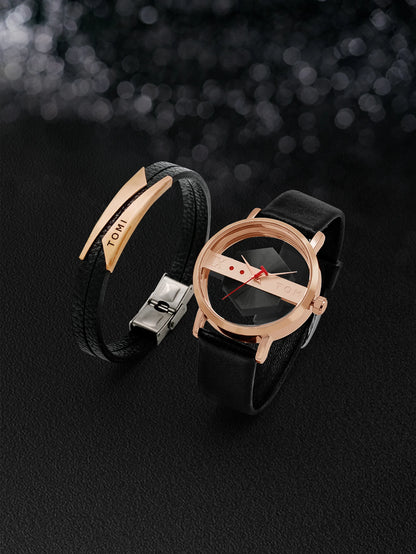 TOMI New 2PCS Men's Gift Box Watch Bracelet Simple and Fashionable Hollow out Versatile Black Strap Men's Quartz Watch Reloj