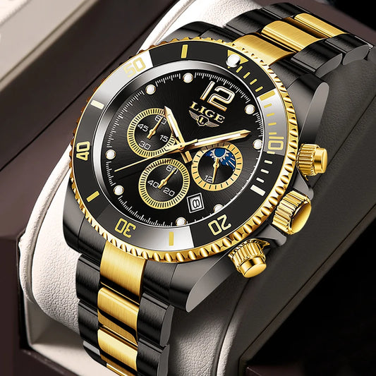LIGE Men’s Luxury Military Quartz Watch – Full Steel Waterproof Chronograph