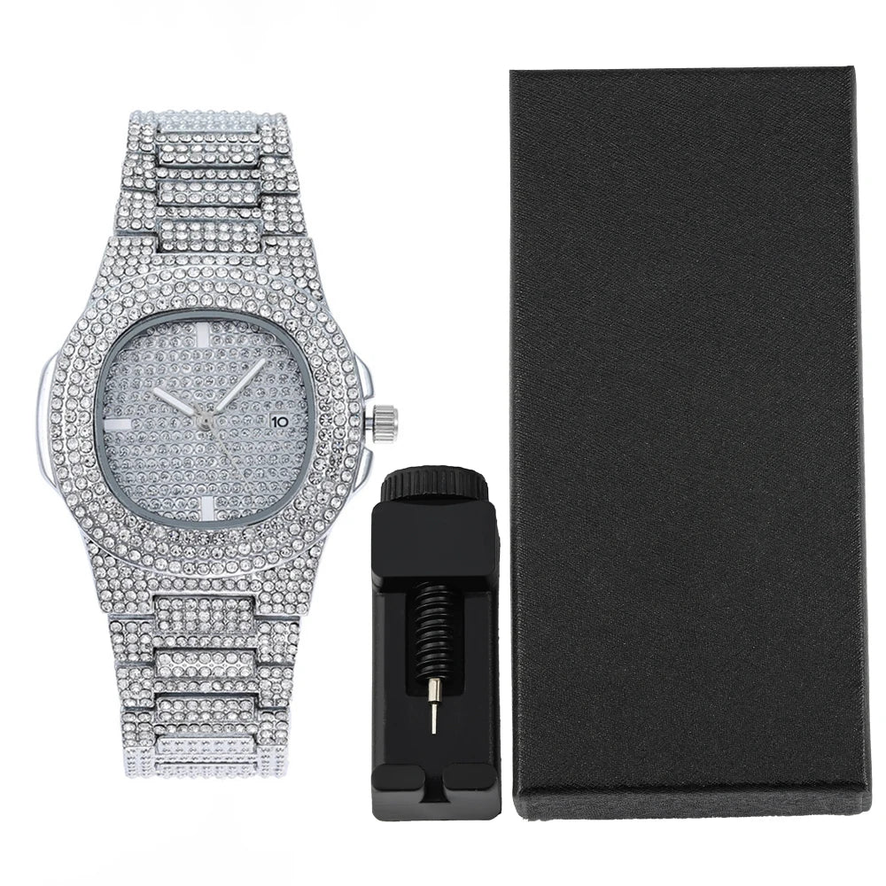 Men Women Quartz Watch Iced Out Hip-hop Punk Full Diamonds Wrist Watch Bundled Size Adjuster Stylish Party Jewelry Gift Box