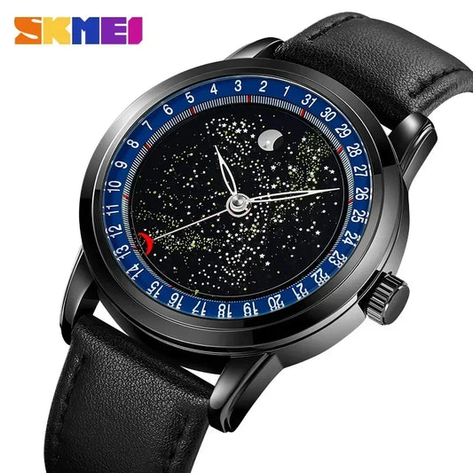 SKMEI 2116 Men’s Casual Wristwatch – Genuine Leather Strap, Date Display & Starry Sky Moon Phase
