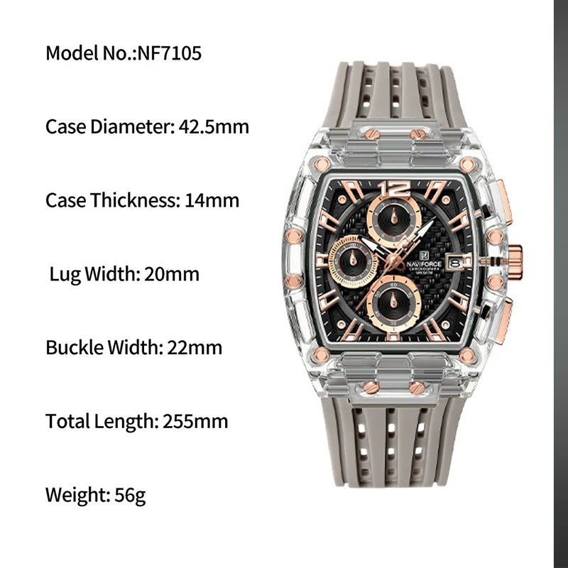 NAVIFORCE Men's Quartz Multifunction Watches Fashion Sports Chronograph 5ATM Waterproof Silicone Band Casual Man Wrist Watch