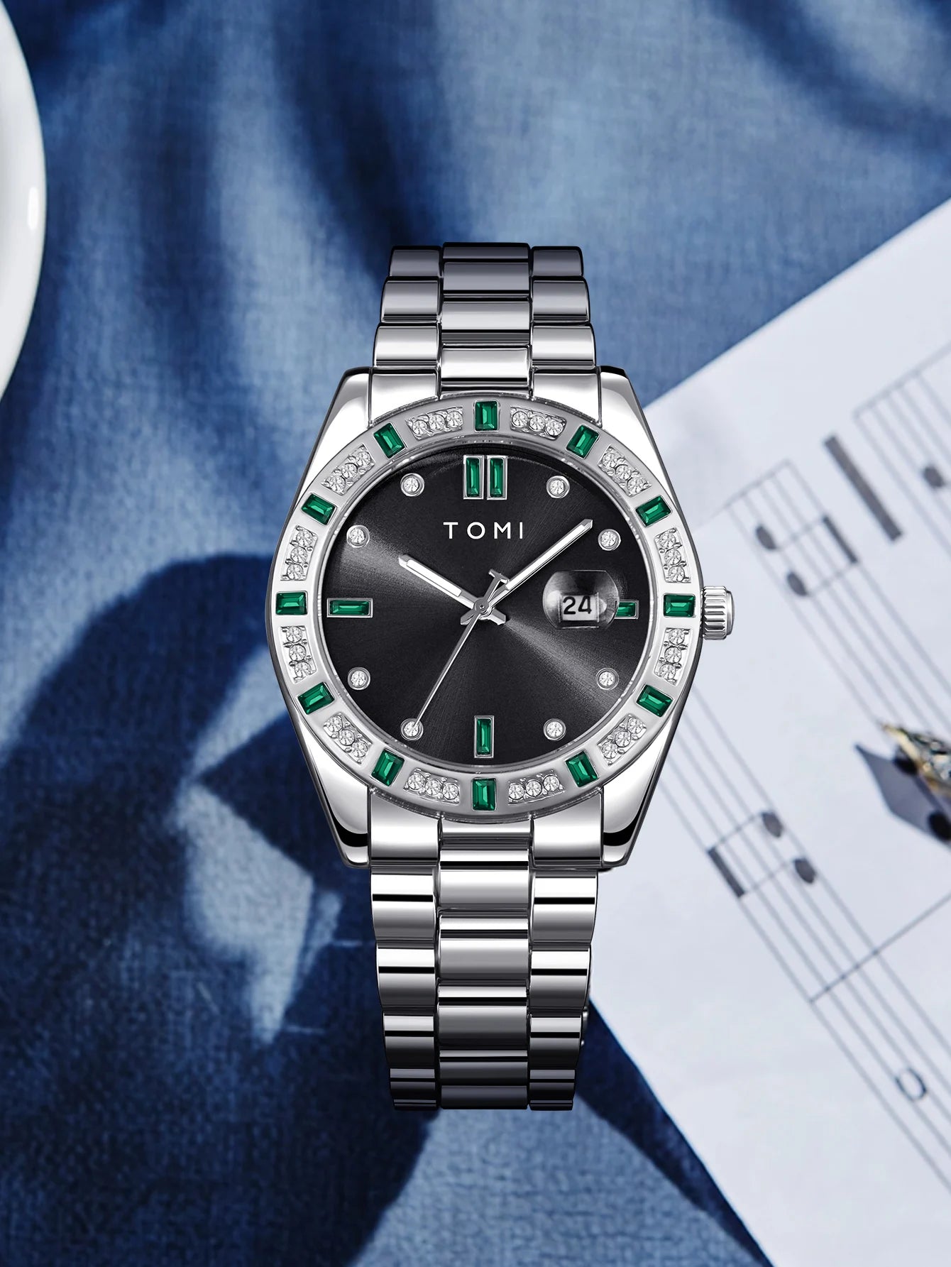 TOMI 4PCS Luxury Business Men's Watch Gift Box Set Luxury Diamond Case Calendar Stainless Steel Strap Quartz Watch Men's Clock