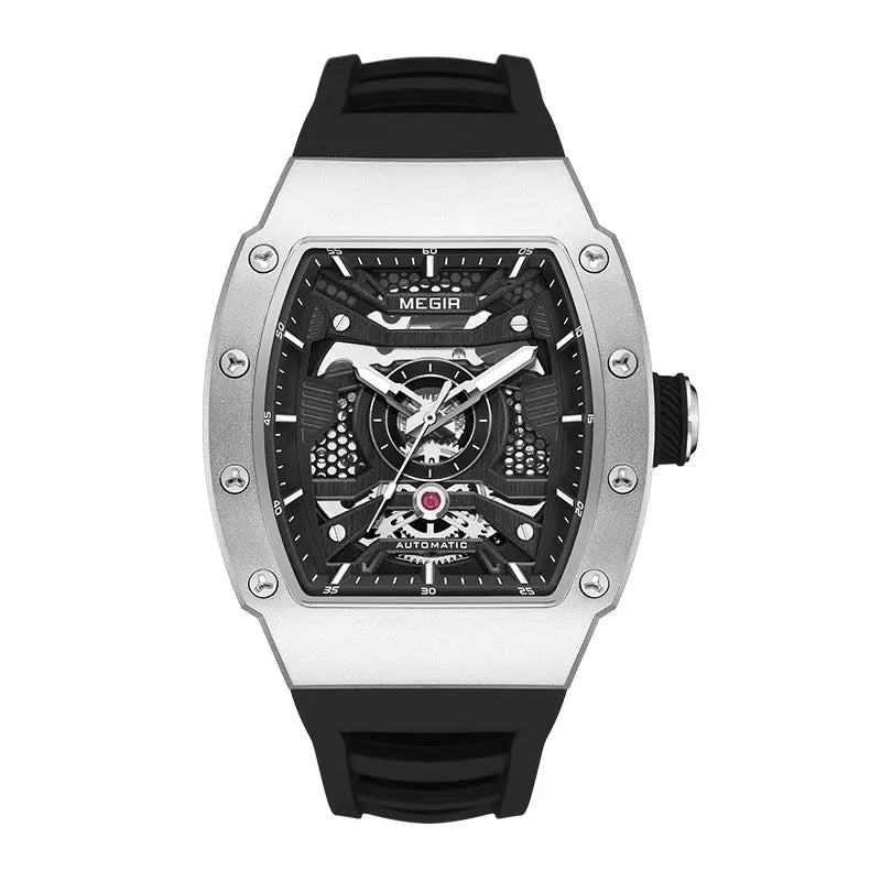 MEGIR Men's Automatic Mechanical Watch with Stainless Steel Case Sillicone Strap Fashion Waterproof Luminous Wristwatch 8604