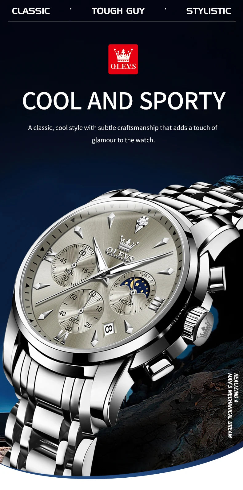 OLEVS 3639 Top Brand Original Quartz Watch Multifunctional Chronograph Watch For Men Waterproof Luminous Moon Phase Watch New