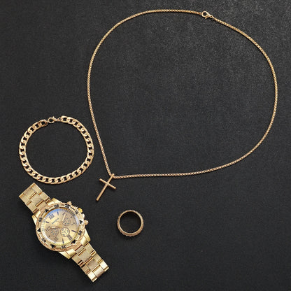 Luxorive Regal Gold Set – 4‑Piece Men’s Quartz Watch & Jewelry Combo (Without Box)