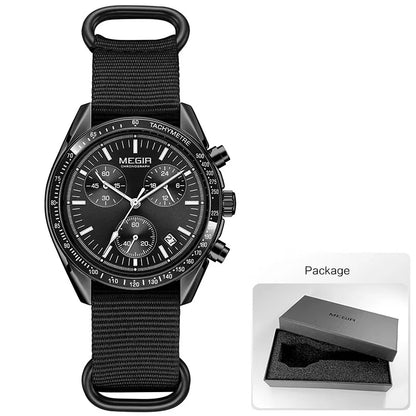 MEGIR New Men's Nylon Braided Strap Waterproof Night-light Sports Quartz Watch with Chronograph Fashion Triple-eye Wristwatch wi
