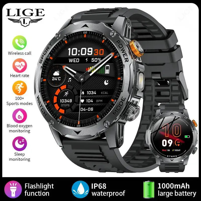 LIGE Men’s Smartwatch – 1000mAh Battery, Outdoor Flashlight, Bluetooth Call, Waterproof Fitness Tracker