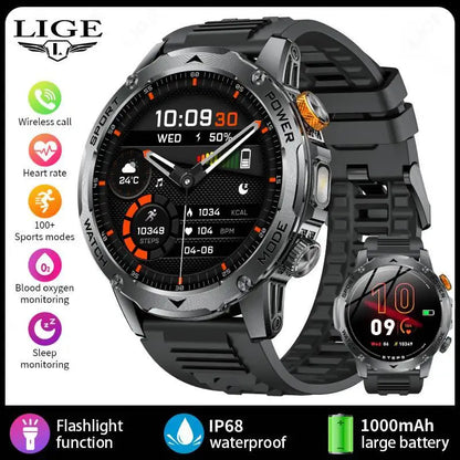 LIGE Men’s Smartwatch – 1000mAh Battery, Outdoor Flashlight, Bluetooth Call, Waterproof Fitness Tracker