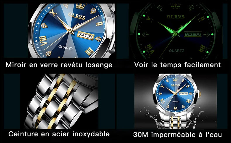 OLEVS Men's Watches Rhombus Mirror Original Quartz Watch for Man Waterproof Luminous Stainless Steel Wristwatch Male Date Week