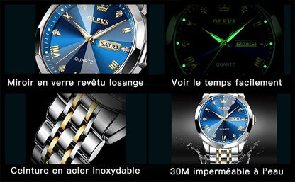 OLEVS Men's Watches Rhombus Mirror Original Quartz Watch for Man Waterproof Luminous Stainless Steel Wristwatch Male Date Week