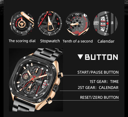 MEGIR Black Quartz Watch Men Waterproof Square Dial Wristwatch with Chronograph Stainless Steel Strap Luminous Hands Auto Date