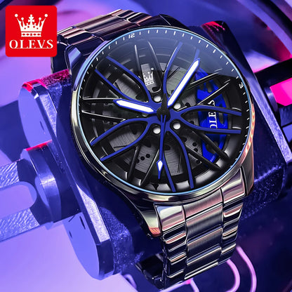 OLEVS Fashion 360° Rotary Dial Quartz Watch for Men Sport Car Rim Wheel Hub Waterproof Luminous Stainless Steel Men's Wristwatch