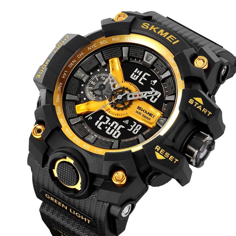 SKMEI Men's Shockproof Military Sports Watch – Dual Time, LED Display, Waterproof, Alarm, Chrono, Big Dial