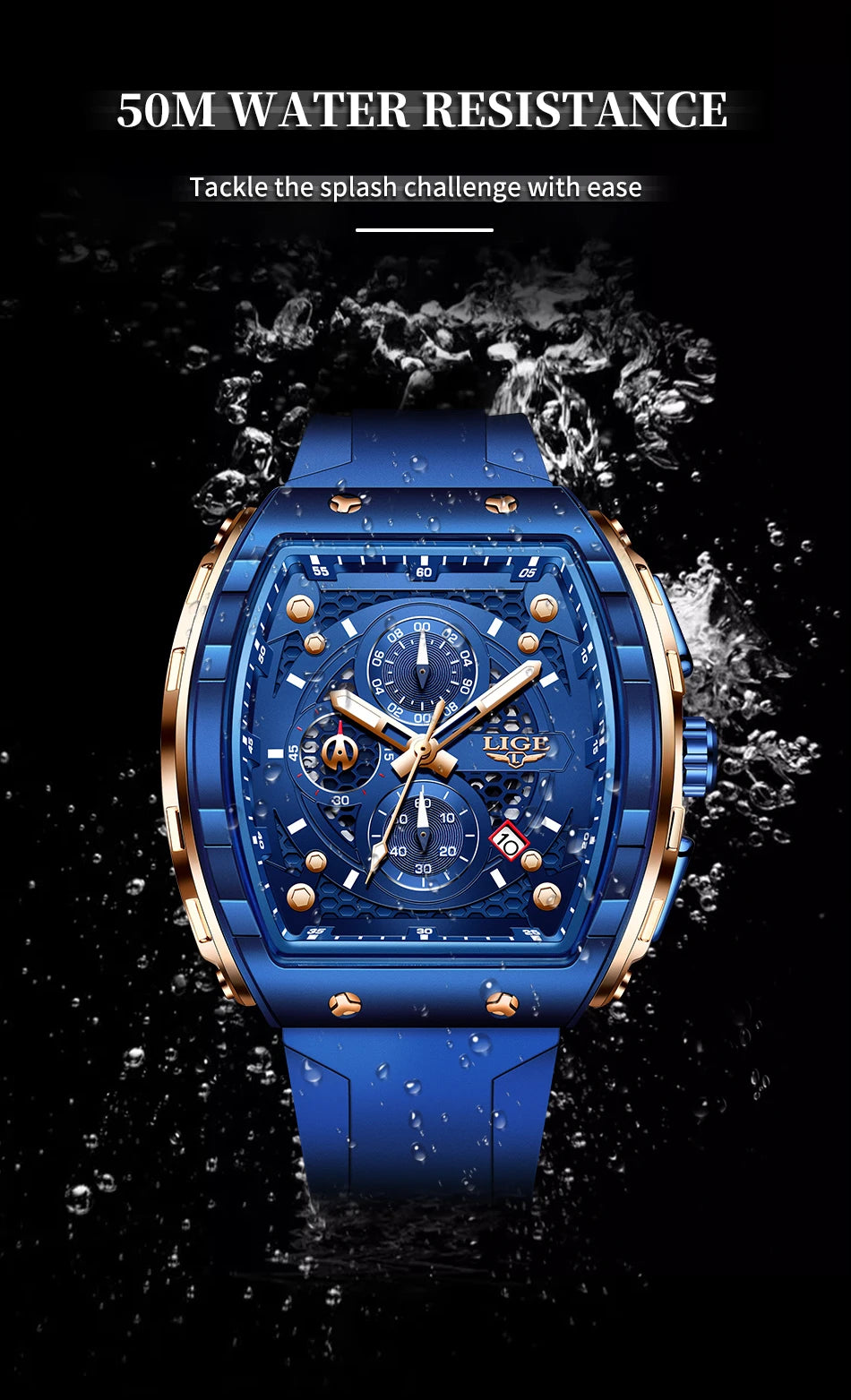 LIGE Luxury Square Chronograph — a bold statement timepiece designed for men who appreciate modern luxury in a unique square profile.