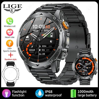 LIGE Men’s Smartwatch – 1000mAh Battery, Outdoor Flashlight, Bluetooth Call, Waterproof Fitness Tracker