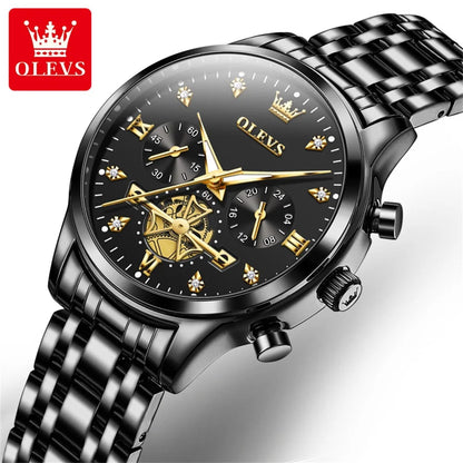 OLEVS Luxury Flywheel Design Couple Wristwatch Chronograph Waterproof Moon Phase Watch Brand Original Quartz Watch for Men Women