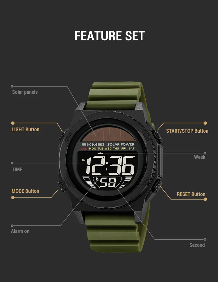 SKMEI Solar Digital Sports Watch for Men – Waterproof Chronograph Wristwatch