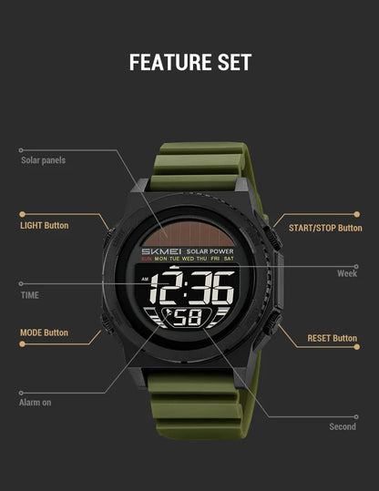 SKMEI Solar Digital Sports Watch for Men – Waterproof Chronograph Wristwatch