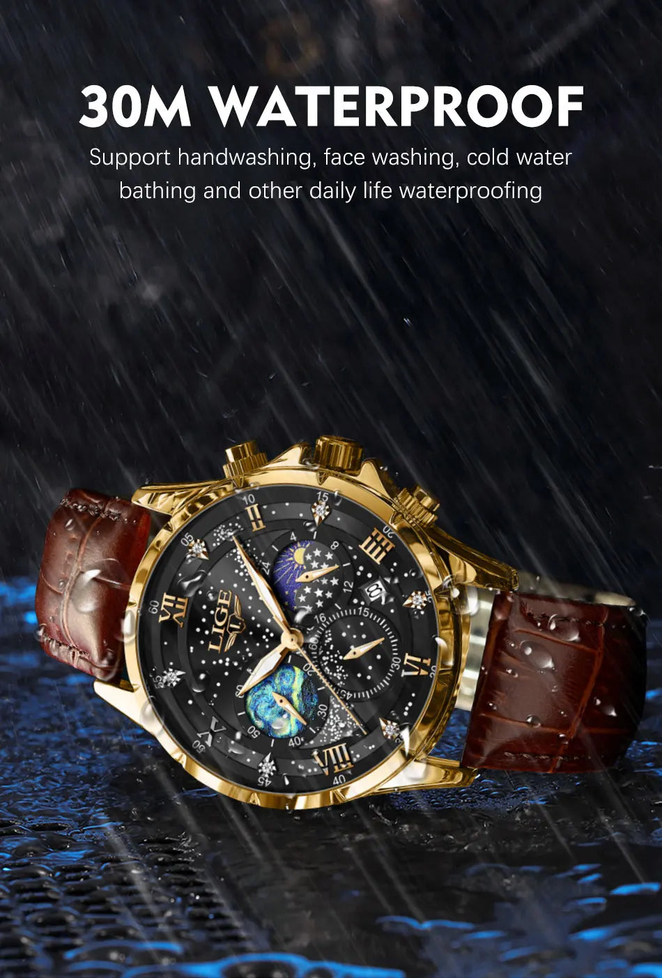 LIGE 2024 Men’s Luxury Genuine Leather Sports Military Quartz Watch with Date
