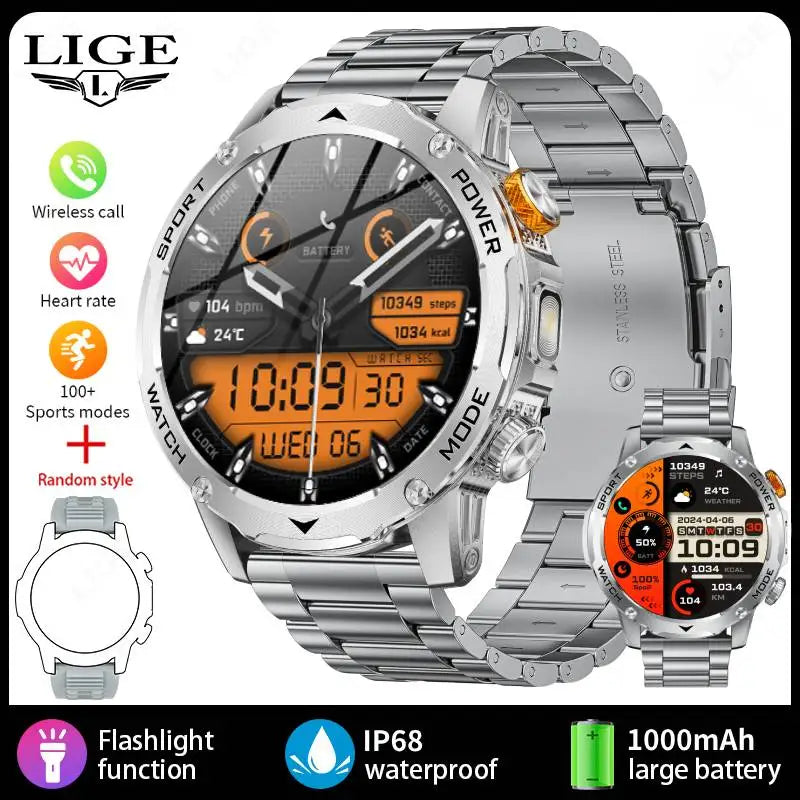 LIGE Men’s Smartwatch – 1000mAh Battery, Outdoor Flashlight, Bluetooth Call, Waterproof Fitness Tracker