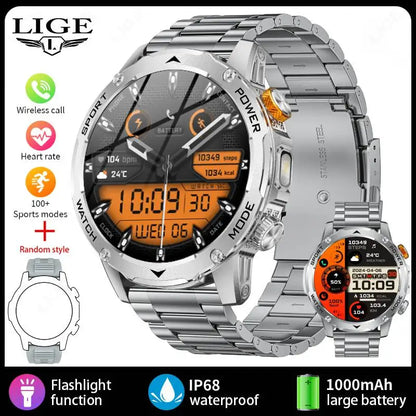 LIGE Men’s Smartwatch – 1000mAh Battery, Outdoor Flashlight, Bluetooth Call, Waterproof Fitness Tracker