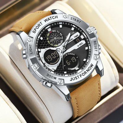 LIGE Men’s Outdoor Sport Watch – Leather Strap, Dual Digital Display, Waterproof & Luminous