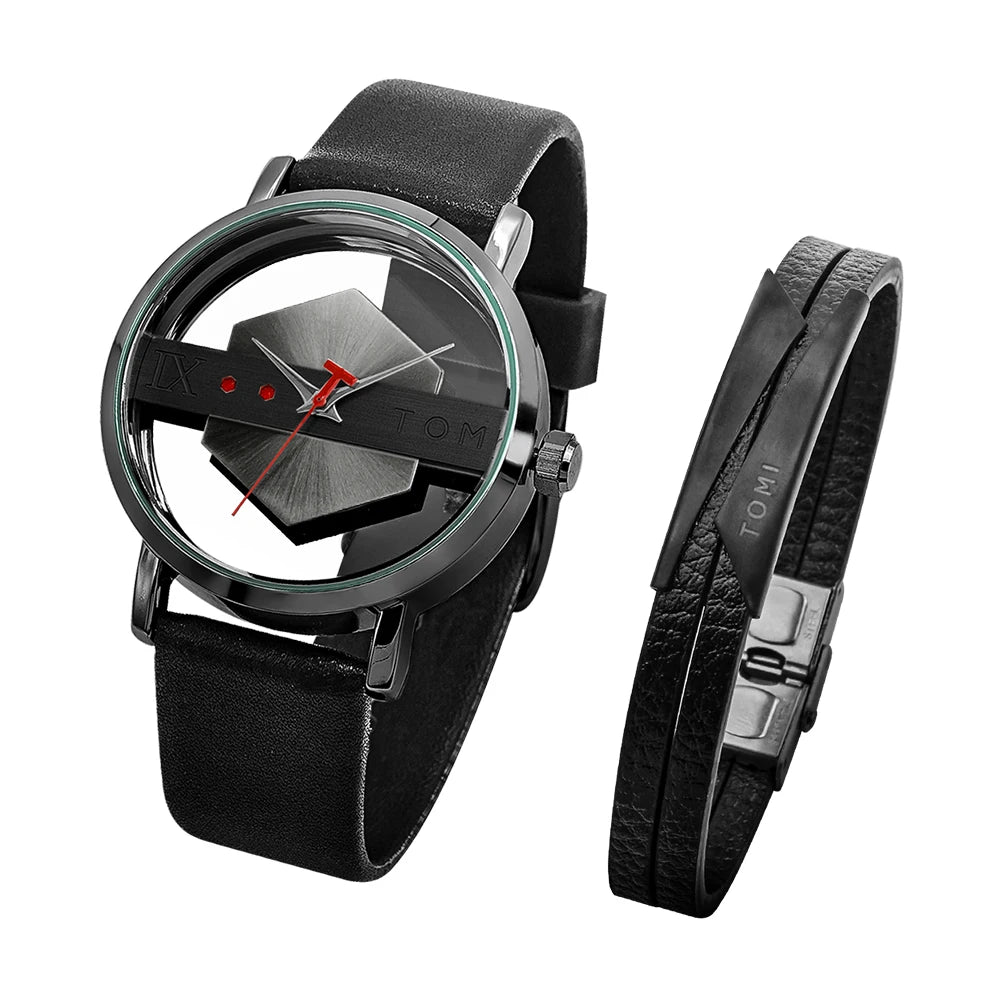 TOMI New 2PCS Men's Gift Box Watch Bracelet Simple and Fashionable Hollow out Versatile Black Strap Men's Quartz Watch Reloj