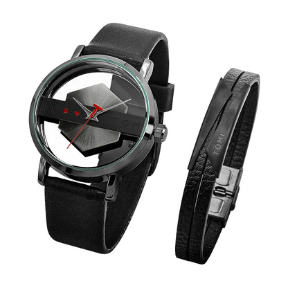 TOMI New 2PCS Men's Gift Box Watch Bracelet Simple and Fashionable Hollow out Versatile Black Strap Men's Quartz Watch Reloj