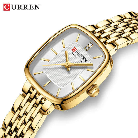 CURREN 9093 Women's Fashion Quartz Watch – Elegant Square Gold Dial with Stainless Steel Strap, Waterproof