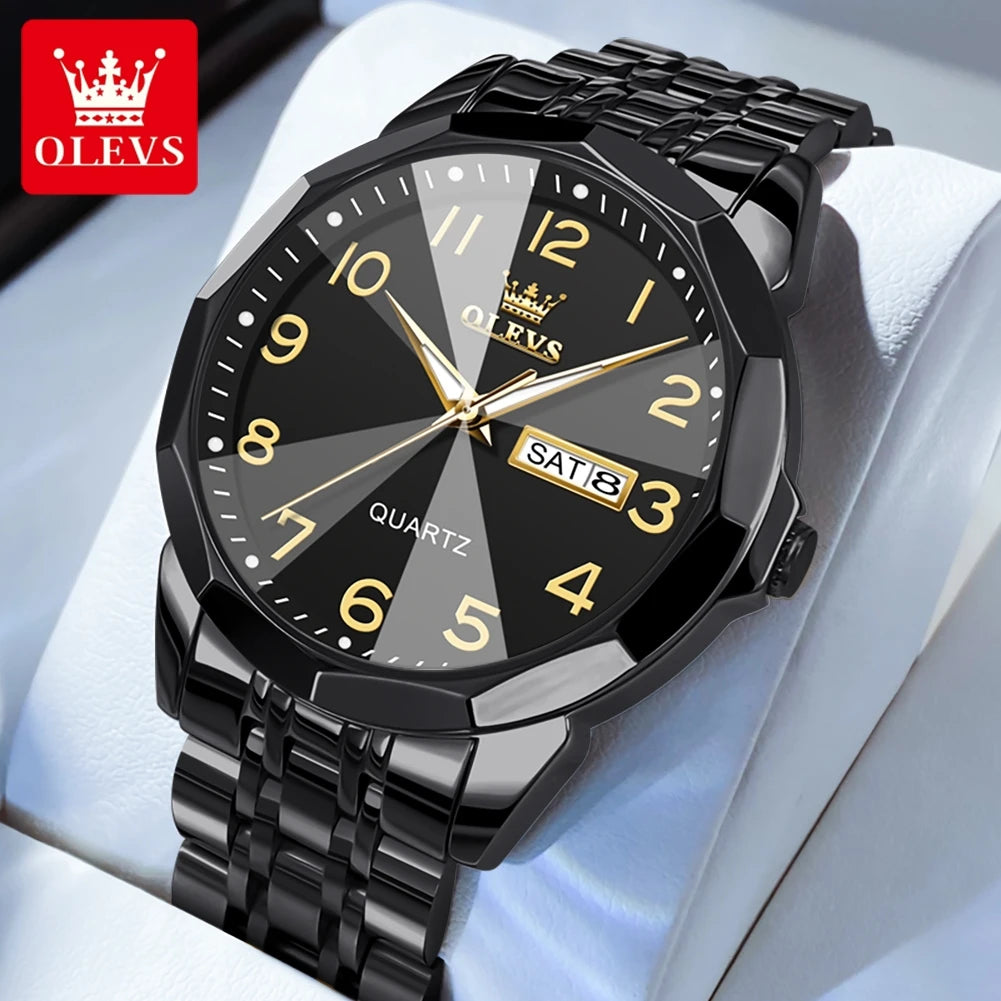 OLEVS Men's Watches Rhombus Mirror Original Quartz Watch for Man Waterproof Luminous Stainless Steel Wristwatch Male Date Week