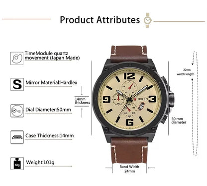 CURREN 8230 Men's Quartz Chronograph Watch – Fashion Outdoor Wristwatch with Brown & Black Leather Strap