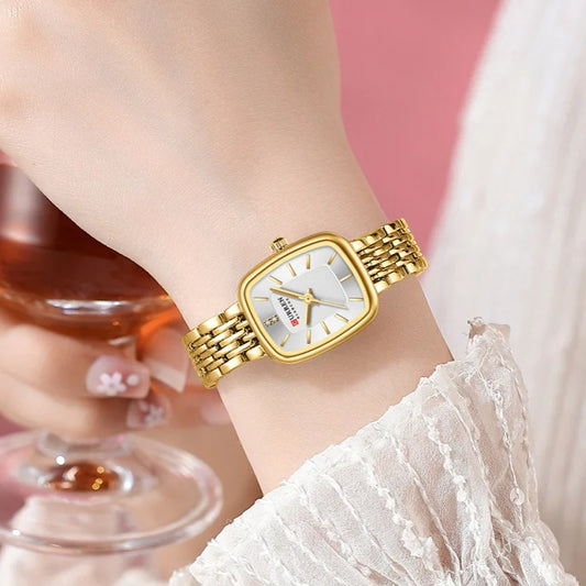 CURREN 9093 Women's Fashion Quartz Watch – Elegant Square Gold Dial with Stainless Steel Strap, Waterproof