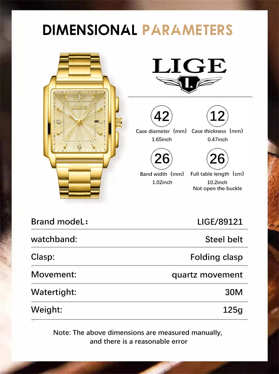 LIGE Men’s Luxury Square Sport Watch – Waterproof Business Military Quartz Chronograph