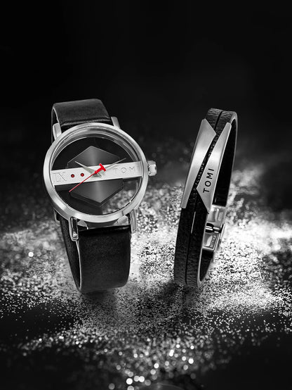 TOMI New 2PCS Men's Gift Box Watch Bracelet Simple and Fashionable Hollow out Versatile Black Strap Men's Quartz Watch Reloj