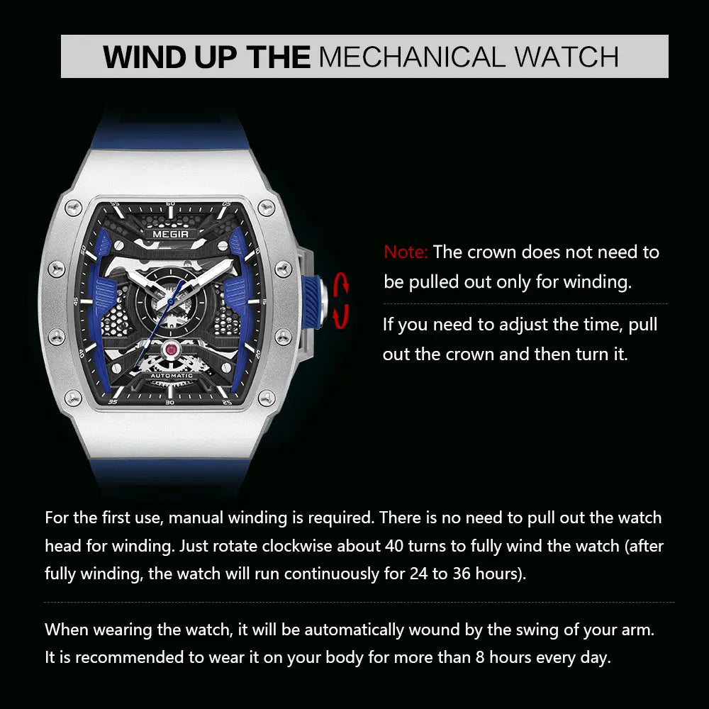 MEGIR Men's Automatic Mechanical Watch with Stainless Steel Case Sillicone Strap Fashion Waterproof Luminous Wristwatch 8604