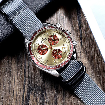 MEGIR New Men's Nylon Braided Strap Waterproof Night-light Sports Quartz Watch with Chronograph Fashion Triple-eye Wristwatch wi