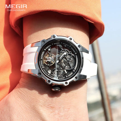 MEGIR Skeleton Dial Automatic Mechanical Watch Men Stainless Steel Case Waterproof Luminous Sport Wristwatch with Silicone Strap