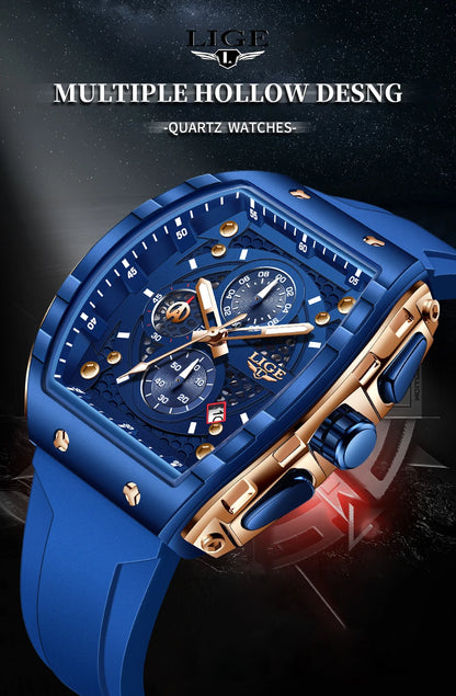 LIGE Luxury Square Chronograph — a bold statement timepiece designed for men who appreciate modern luxury in a unique square profile.