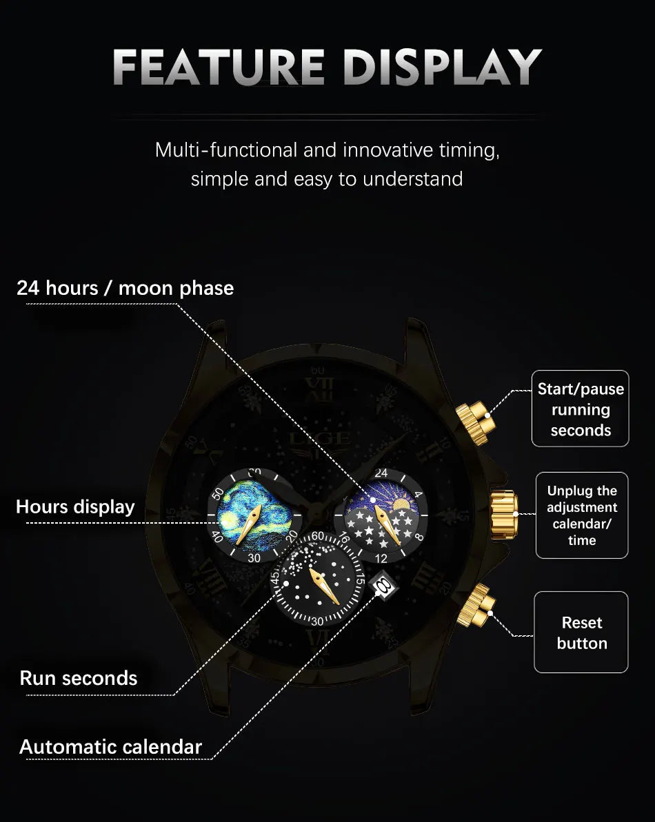 LIGE 2024 Men’s Luxury Genuine Leather Sports Military Quartz Watch with Date