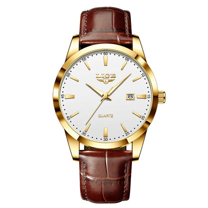 LIGE Men’s Brown Leather Military Sports Quartz Watch – Casual Waterproof Chronograph