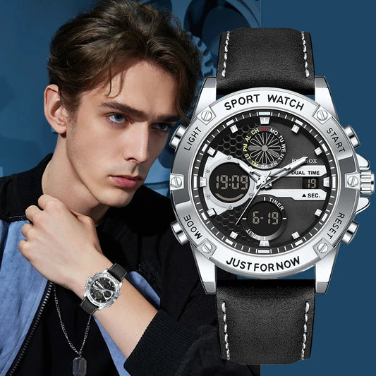 LIGE Men’s Outdoor Sport Watch – Leather Strap, Dual Digital Display, Waterproof & Luminous