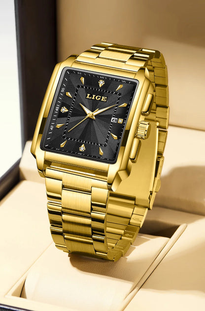 LIGE Men’s Luxury Square Sport Watch – Waterproof Business Military Quartz Chronograph