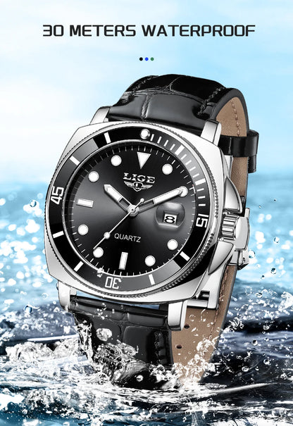 LIGE Men’s Business Military Sports Quartz Watch – Luxury Leather Waterproof Timepiece