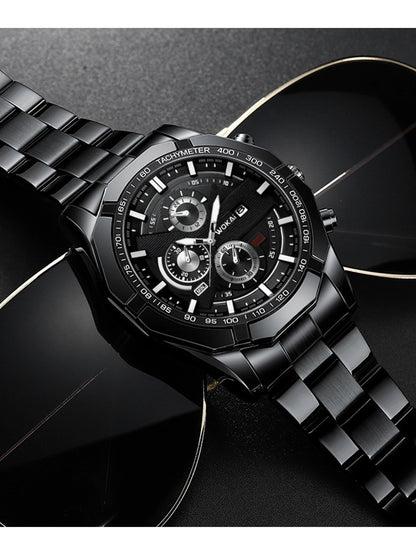 Luxorive MetroChron – 3‑Eye Quartz Watch for Men | Steel Bracelet, Roman + Index Dial