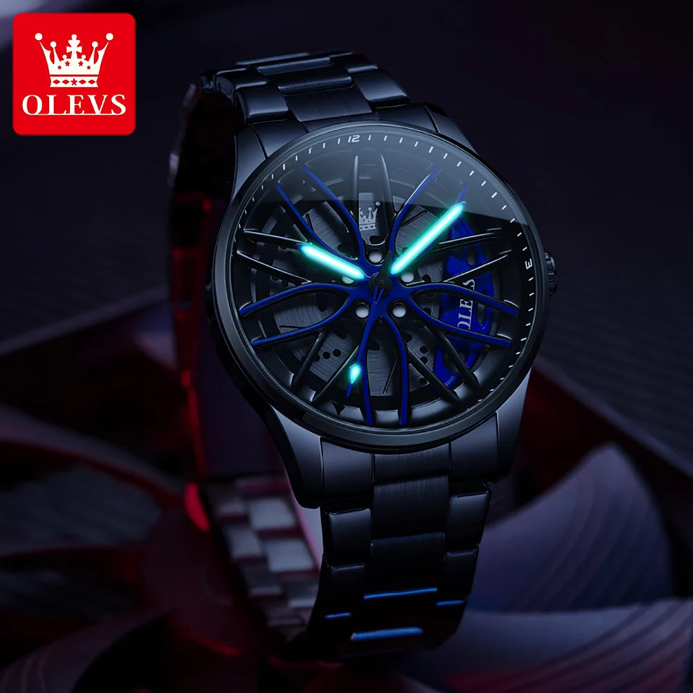 OLEVS Fashion 360° Rotary Dial Quartz Watch for Men Sport Car Rim Wheel Hub Waterproof Luminous Stainless Steel Men's Wristwatch