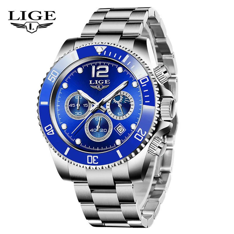 LIGE Men’s Luxury Military Quartz Watch – Full Steel Waterproof Chronograph